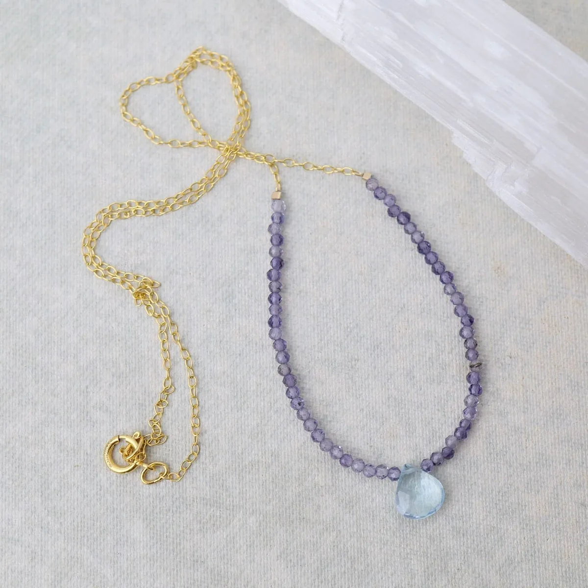 Iolite Arc & Blue Topaz Briolette Drop Necklace