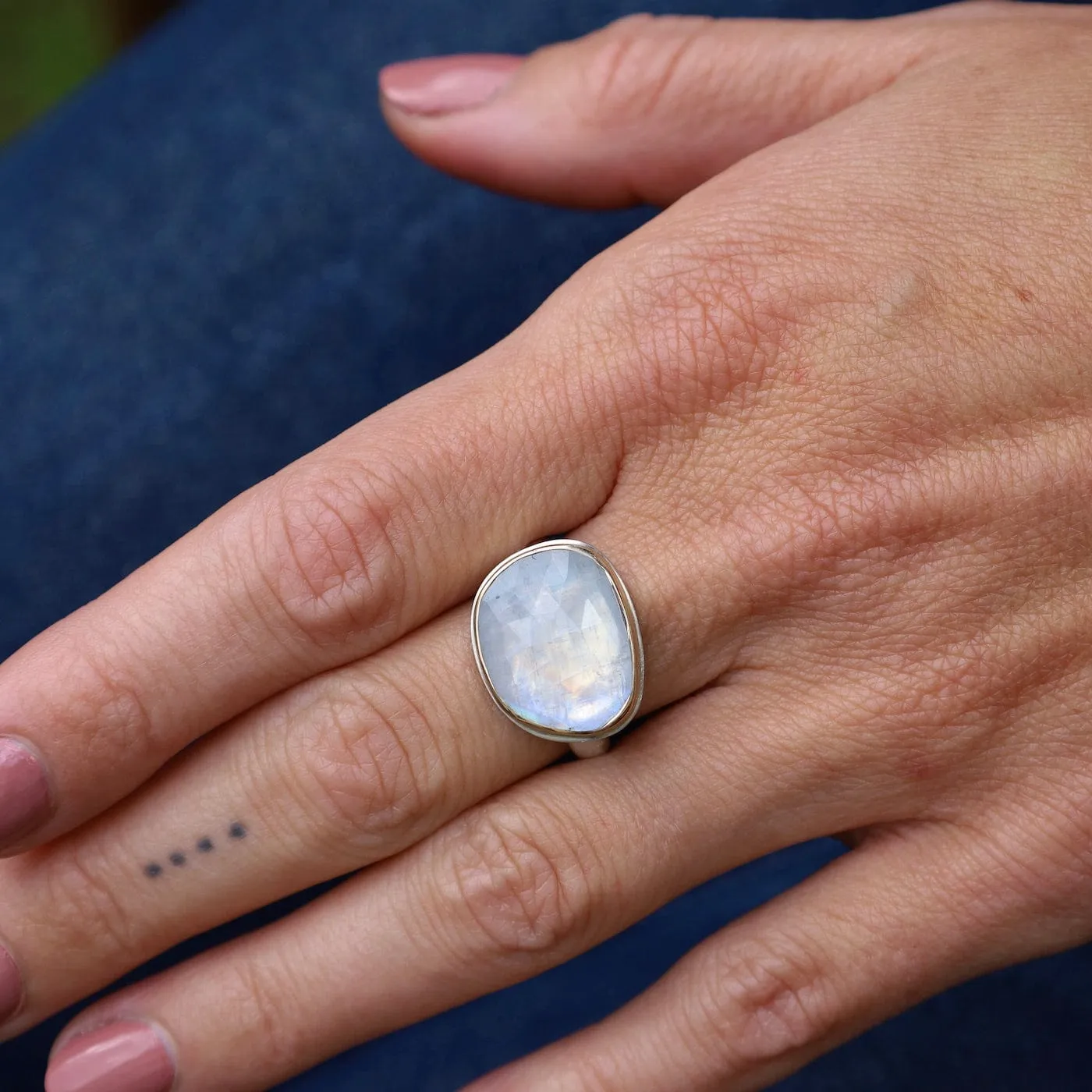 Jamie Joseph Asymmetrical Rose Cut White Rainbow Moonstone Ring