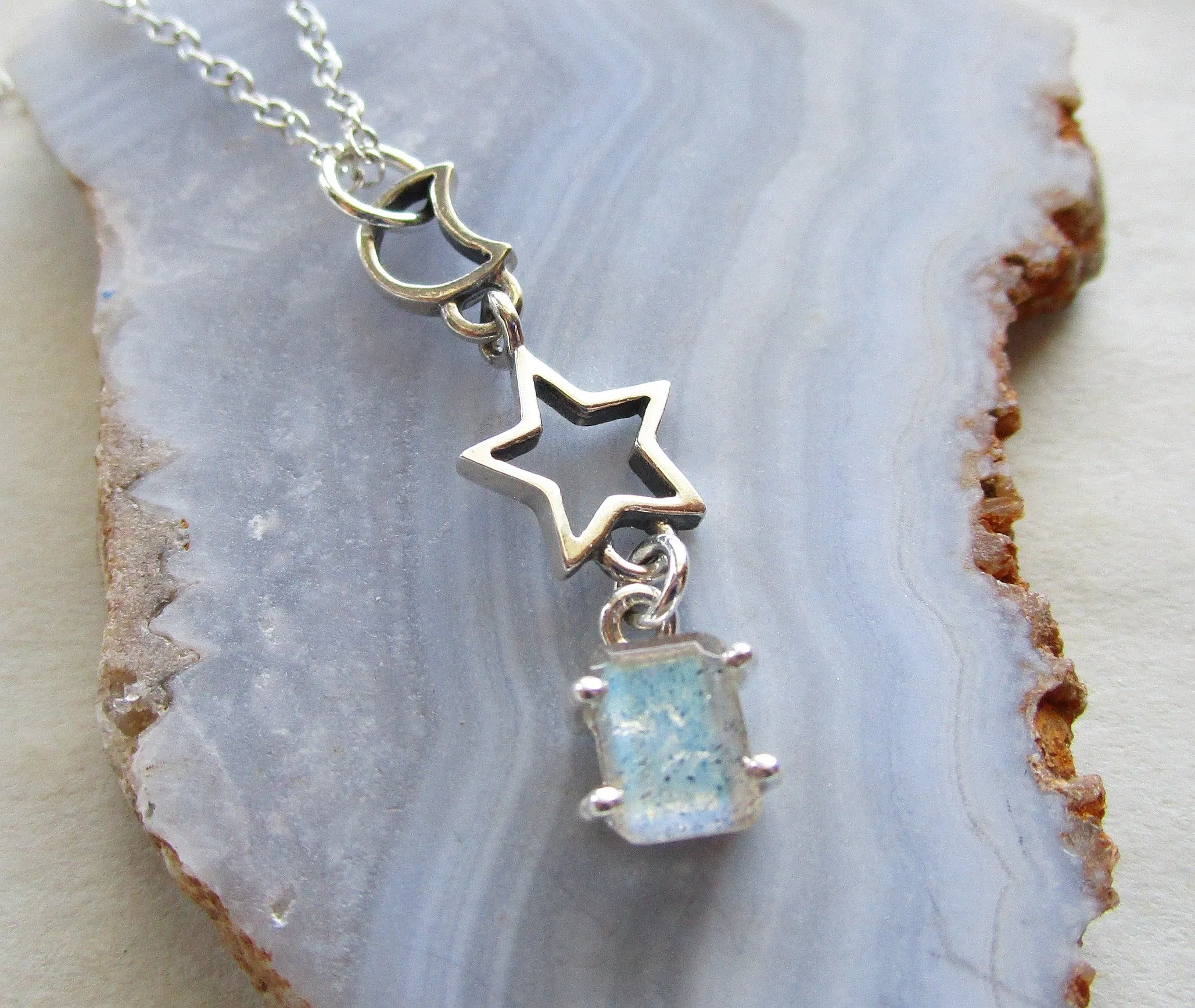 Labradorite Gemstone Celestial Sterling Silver Moon Star Pendant Necklace