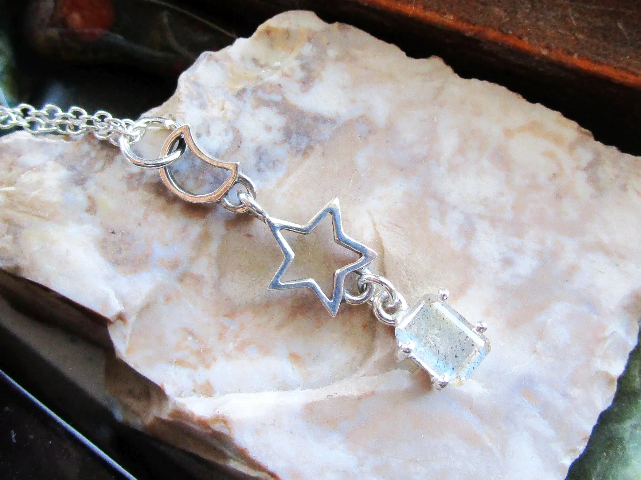 Labradorite Gemstone Celestial Sterling Silver Moon Star Pendant Necklace