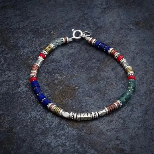 Lapis, Green Glass and Coral Mixed Metals Bracelet