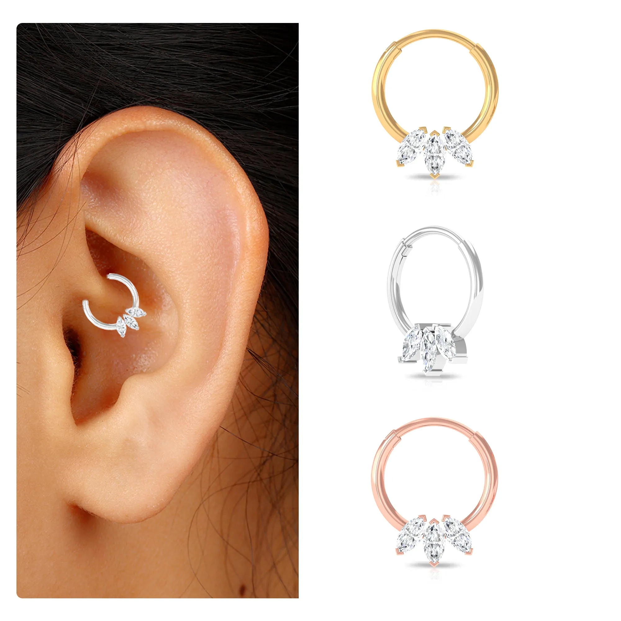 Marquise Moissanite Hoop Earring for Daith Piercing