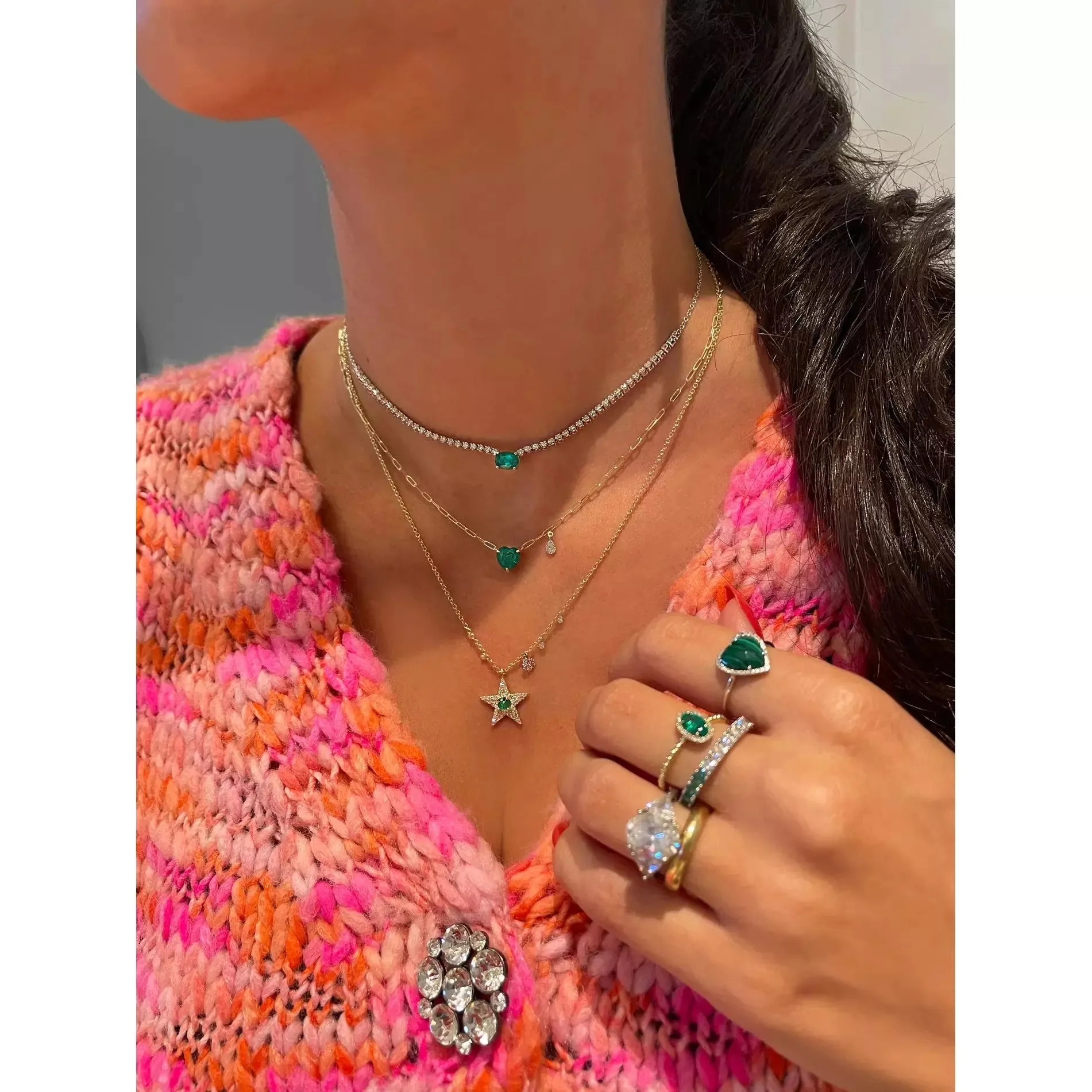 Meira T Emerald  and Diamond Heart Shape Necklace-Gold Paper Clip Chain