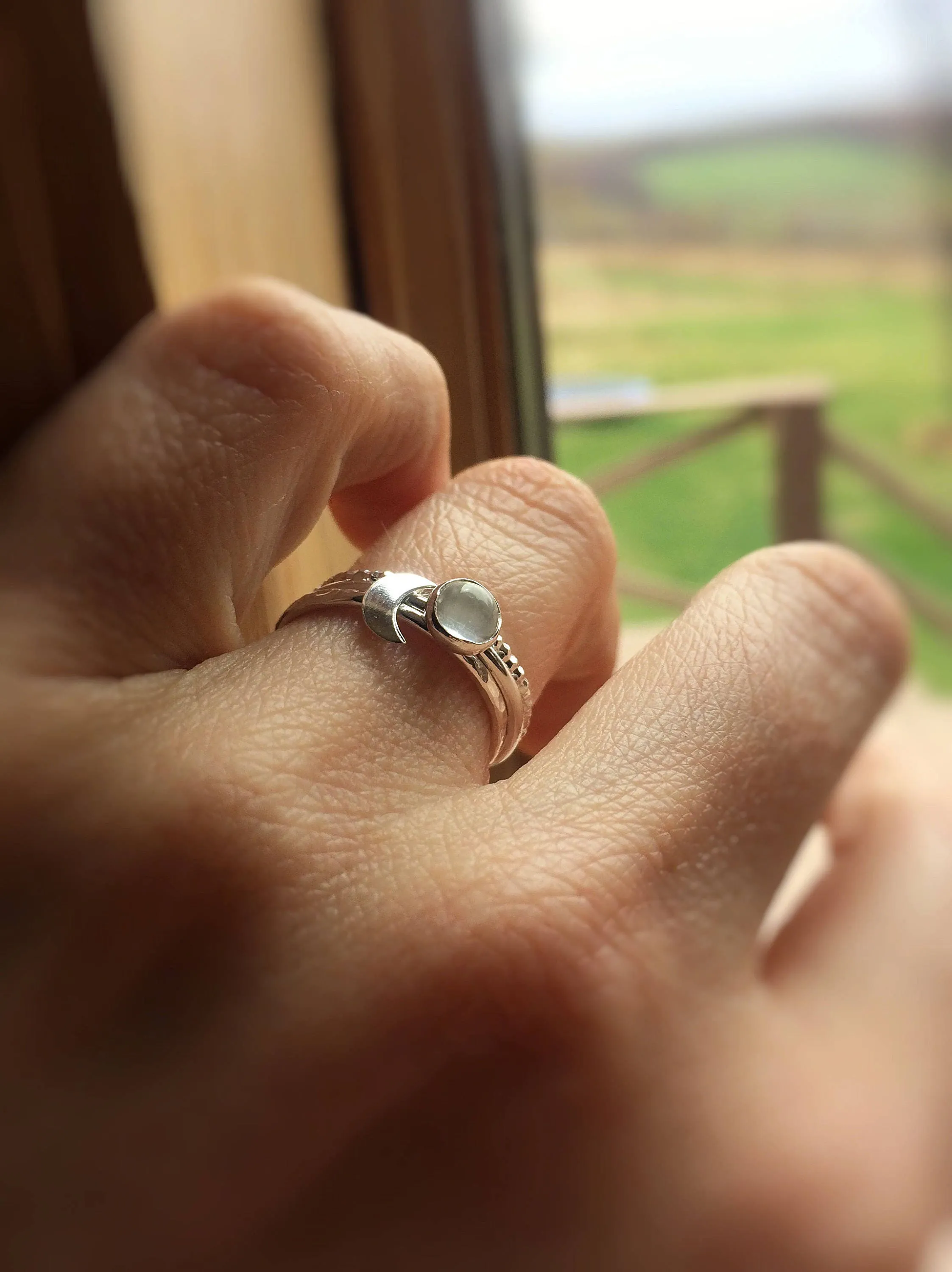 Moon Ring Set,Modern Stacking Set,Contemporary Moonstone Stacking Set,Crescent Moon Ring Set,Textured Rings,Silver Ring Set, White Moonstone