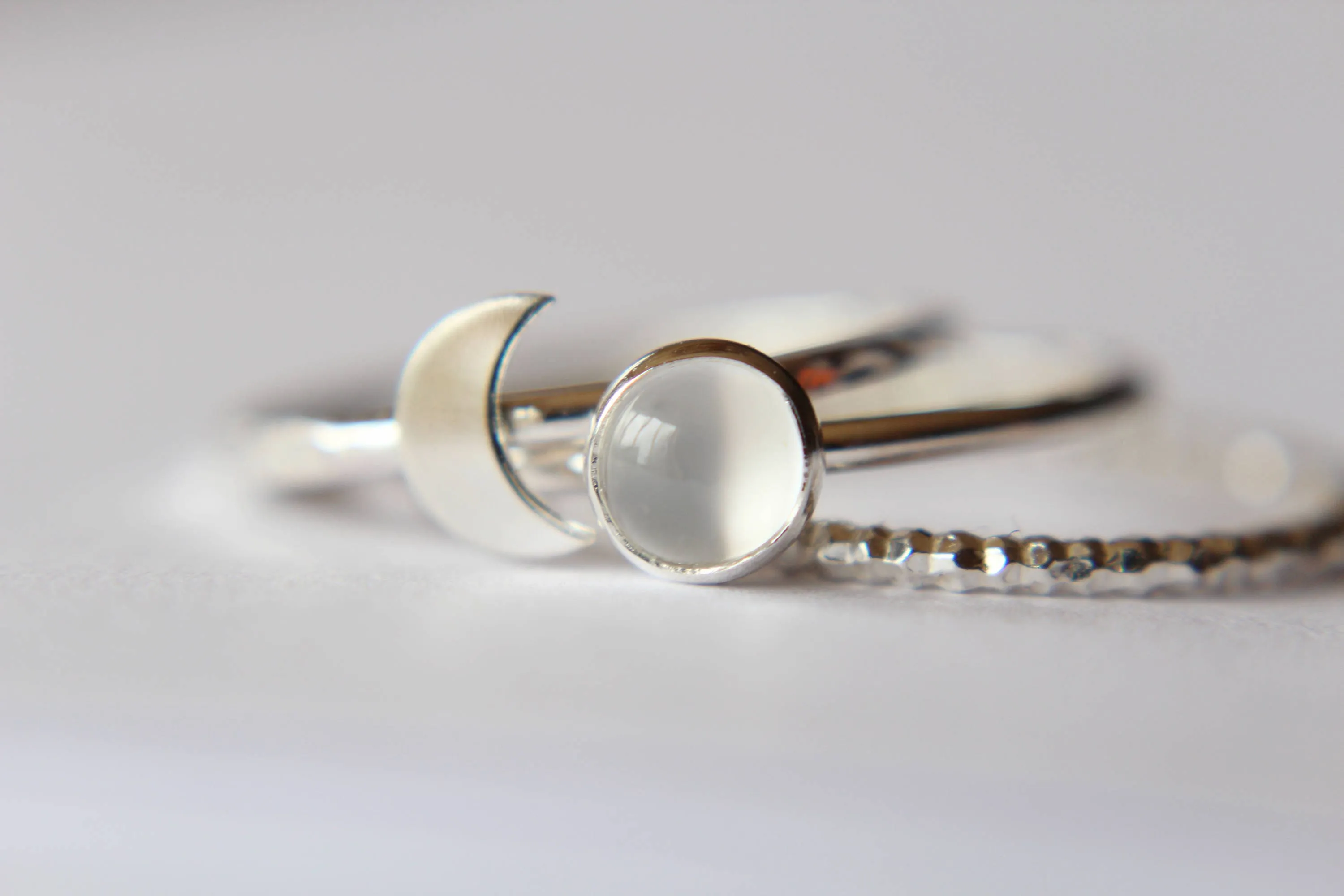 Moon Ring Set,Modern Stacking Set,Contemporary Moonstone Stacking Set,Crescent Moon Ring Set,Textured Rings,Silver Ring Set, White Moonstone