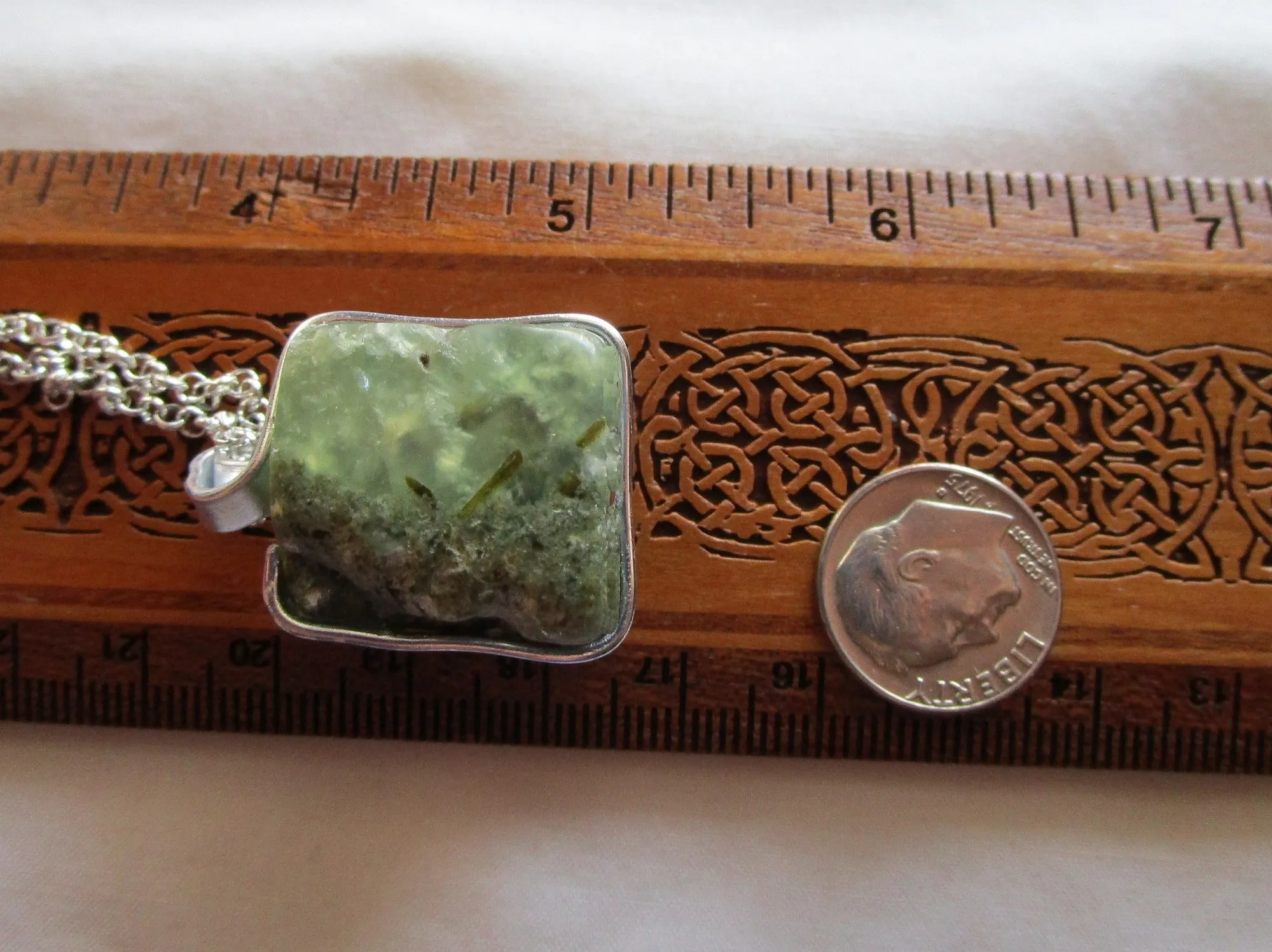 Natural Green Prehnite Crystal Cube Wire Wrapped Pendant Necklace