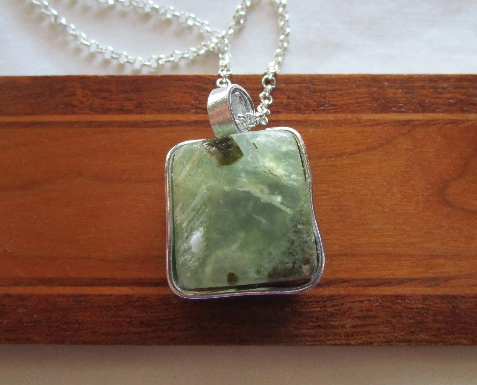 Natural Green Prehnite Crystal Cube Wire Wrapped Pendant Necklace