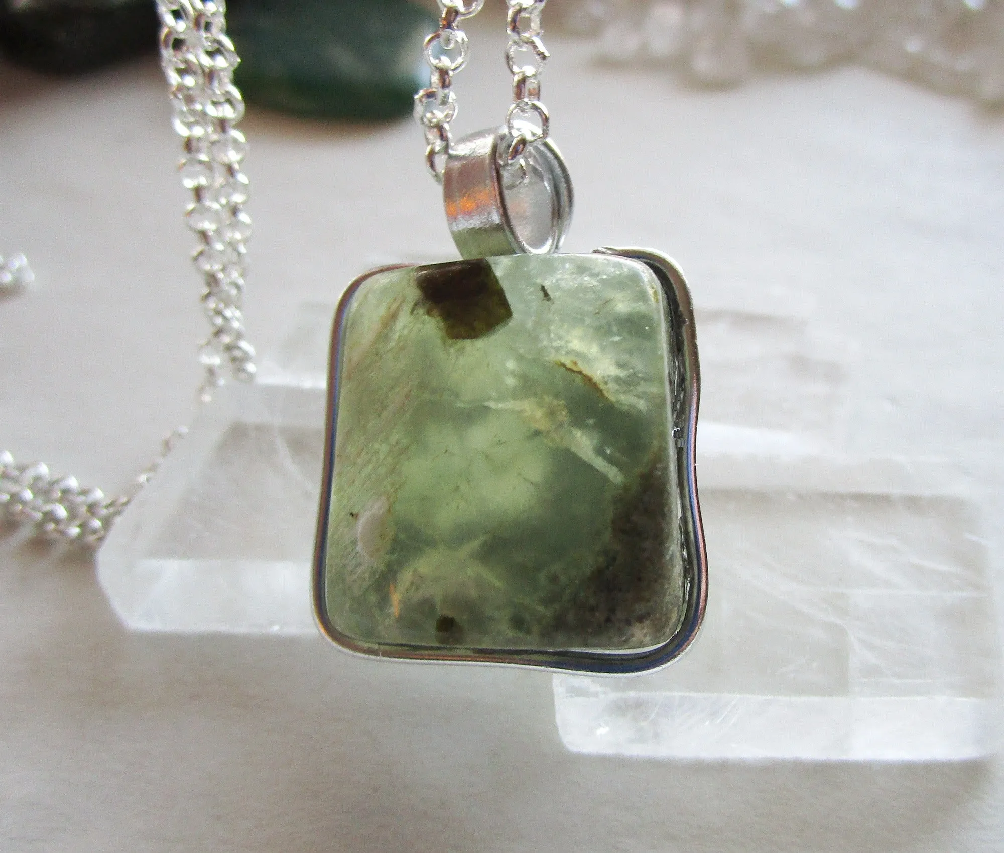 Natural Green Prehnite Crystal Cube Wire Wrapped Pendant Necklace