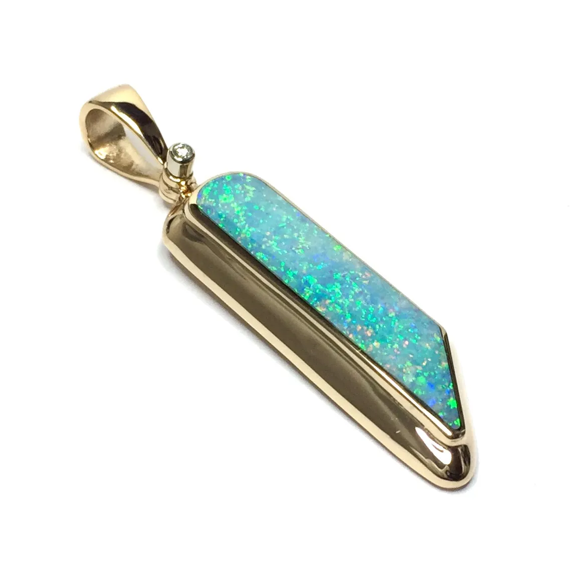 Opal Pendant Long Geometric Inlaid Design with .02ct Round Diamond