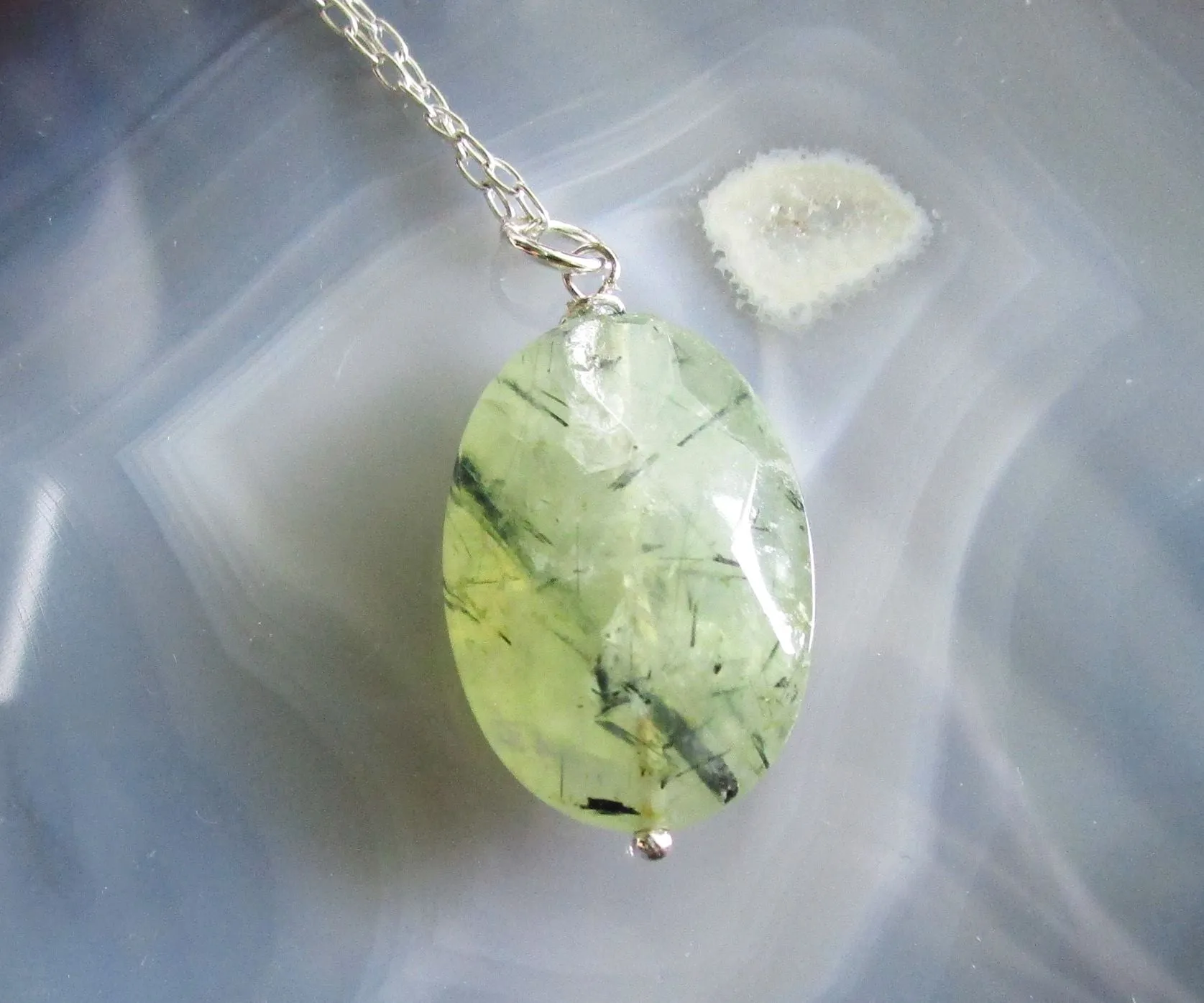 Prehnite Gemstone Faceted Crystal Bead Pendant Necklace