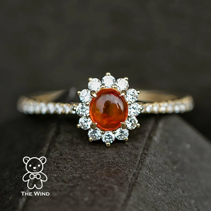 Red Mexican Fire Opal Halo Diamond Engagement Ring 18K Yellow Gold