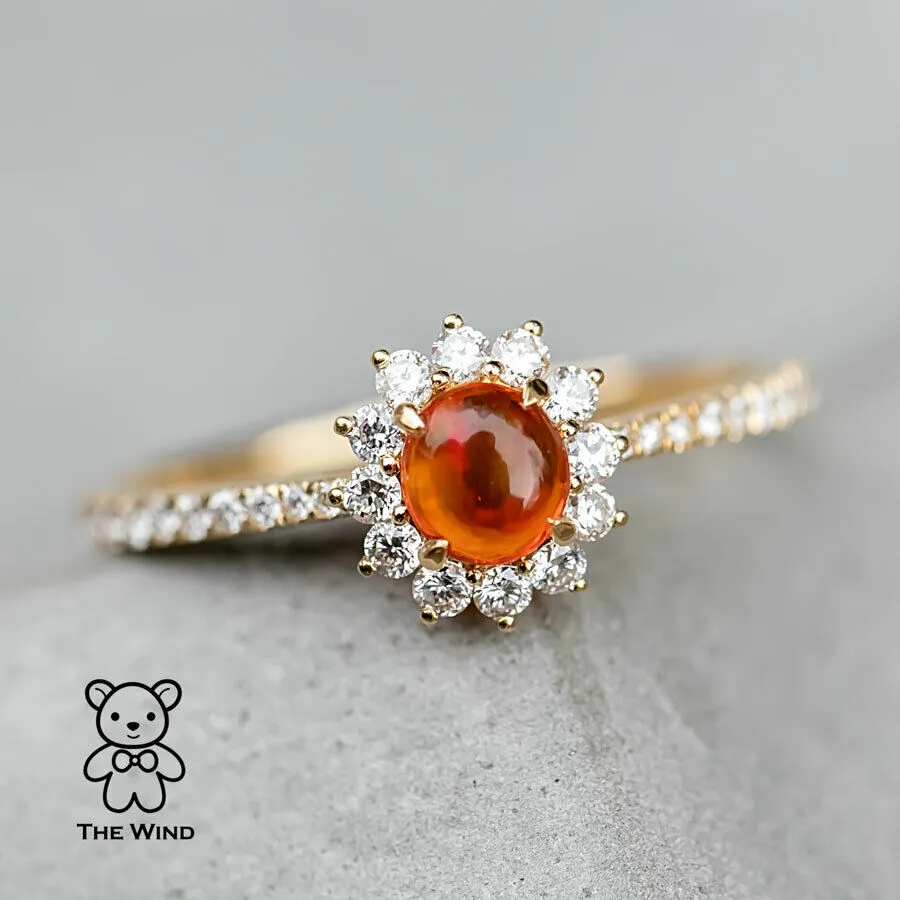 Red Mexican Fire Opal Halo Diamond Engagement Ring 18K Yellow Gold