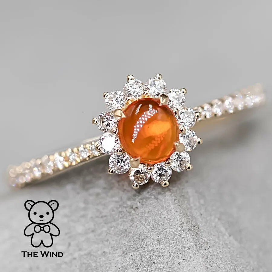 Red Mexican Fire Opal Halo Diamond Engagement Ring 18K Yellow Gold