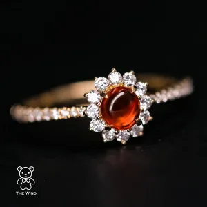 Red Mexican Fire Opal Halo Diamond Engagement Ring 18K Yellow Gold