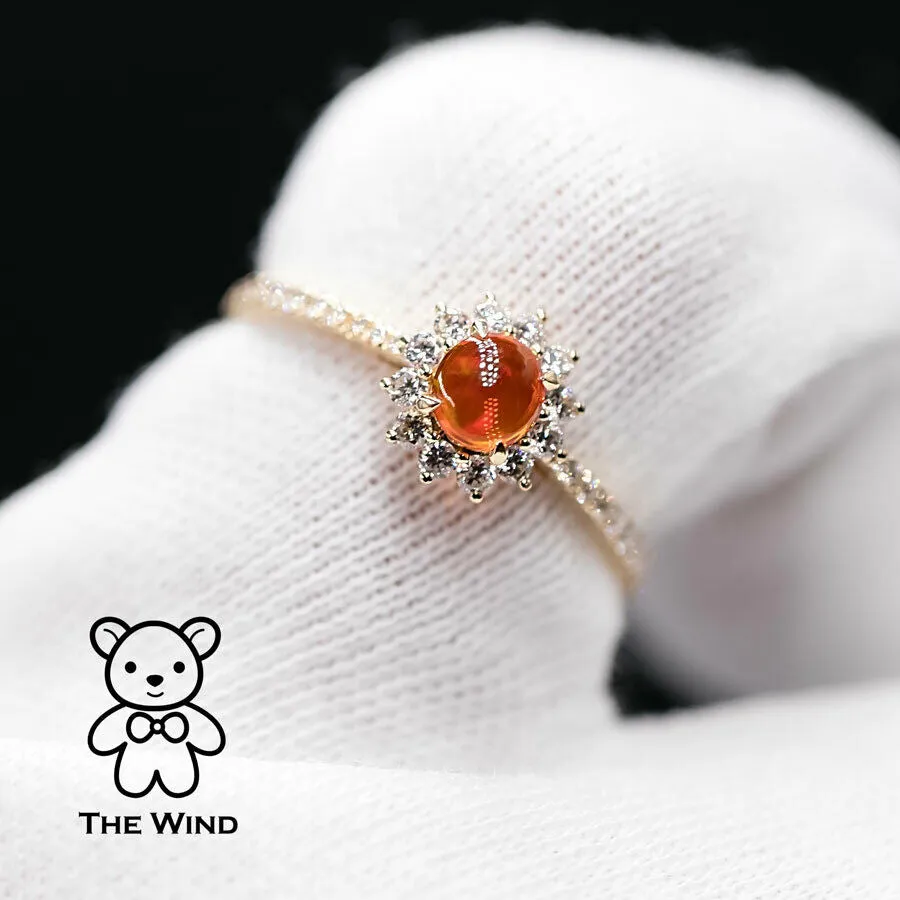 Red Mexican Fire Opal Halo Diamond Engagement Ring 18K Yellow Gold