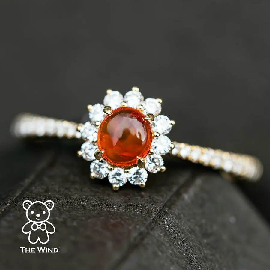 Red Mexican Fire Opal Halo Diamond Engagement Ring 18K Yellow Gold