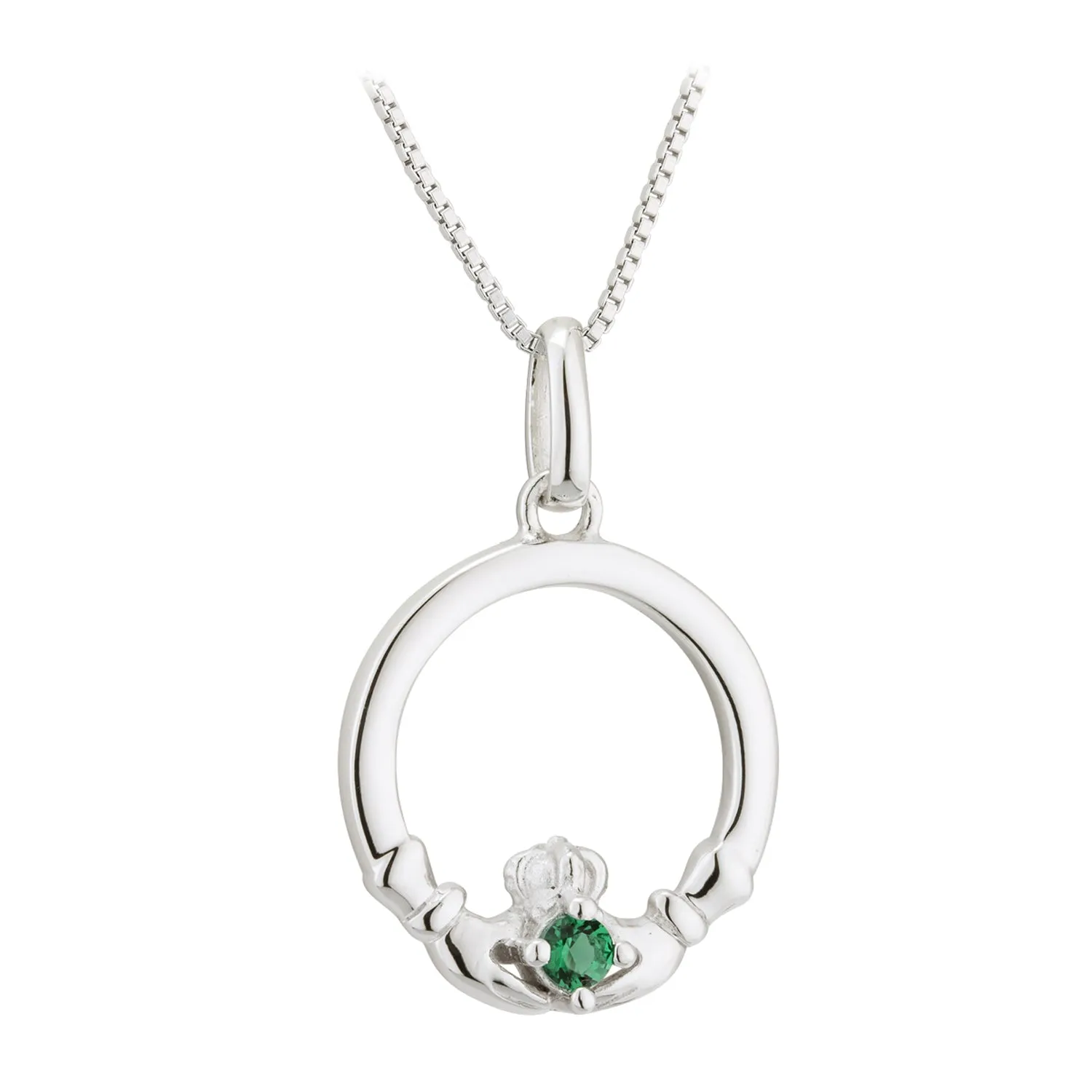 Sterling Silver Claddagh Necklace with Emerald Stone Heart