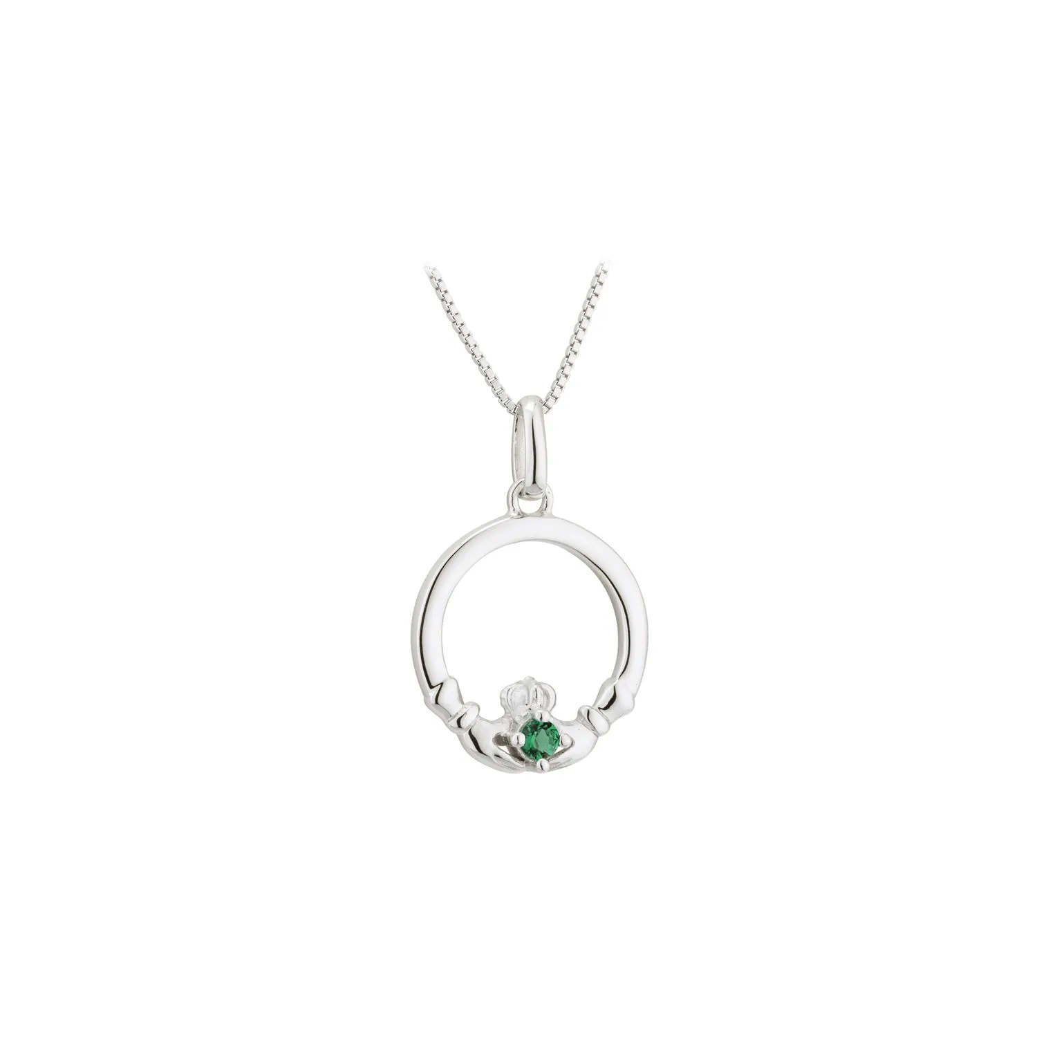 Sterling Silver Claddagh Necklace with Emerald Stone Heart