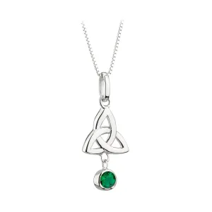 Sterling Silver Trinity Knot Necklace with Emerald Glass Stone