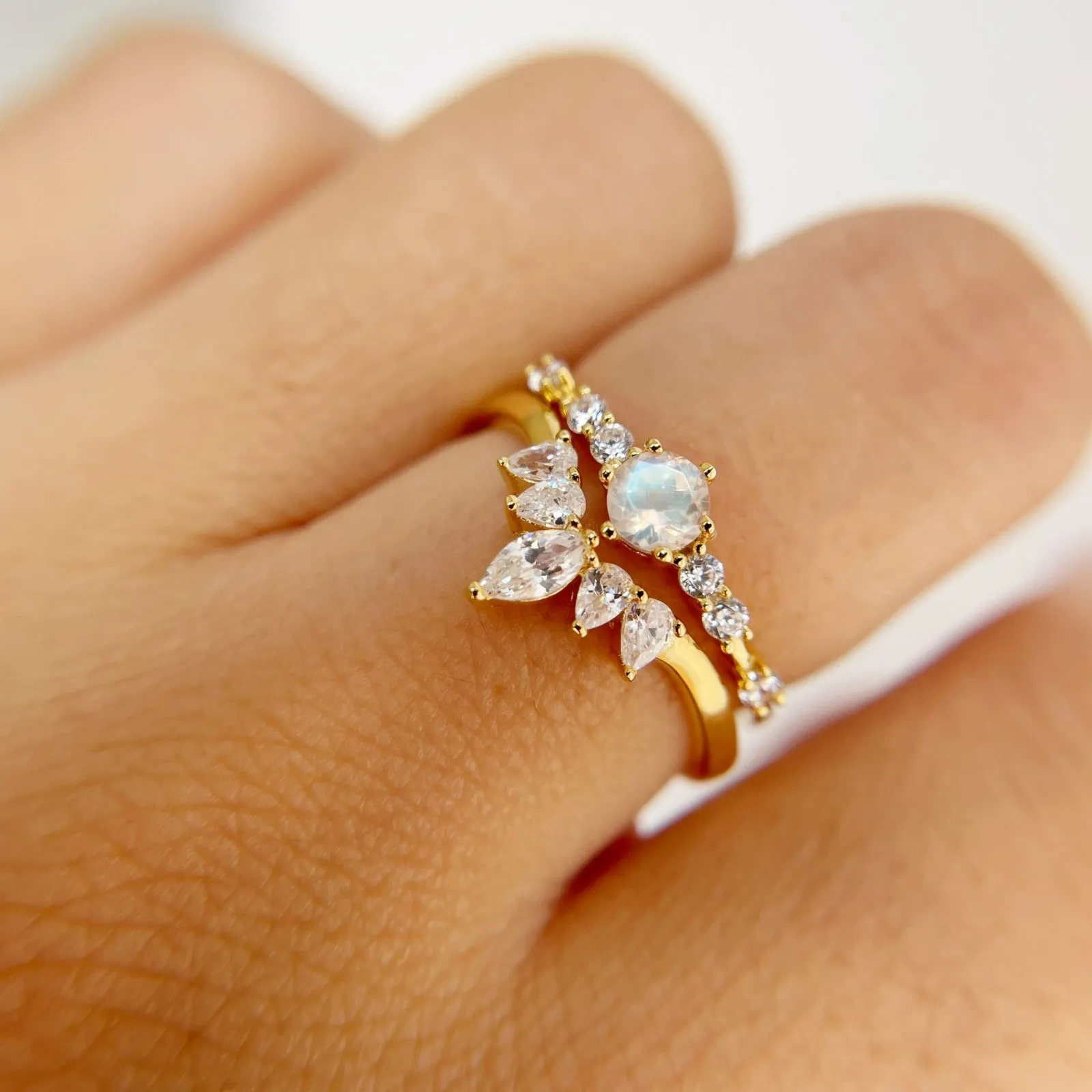 The Center of the Universe Moonstone Ring & Supreme White Topaz Ring Set (Yellow Gold)