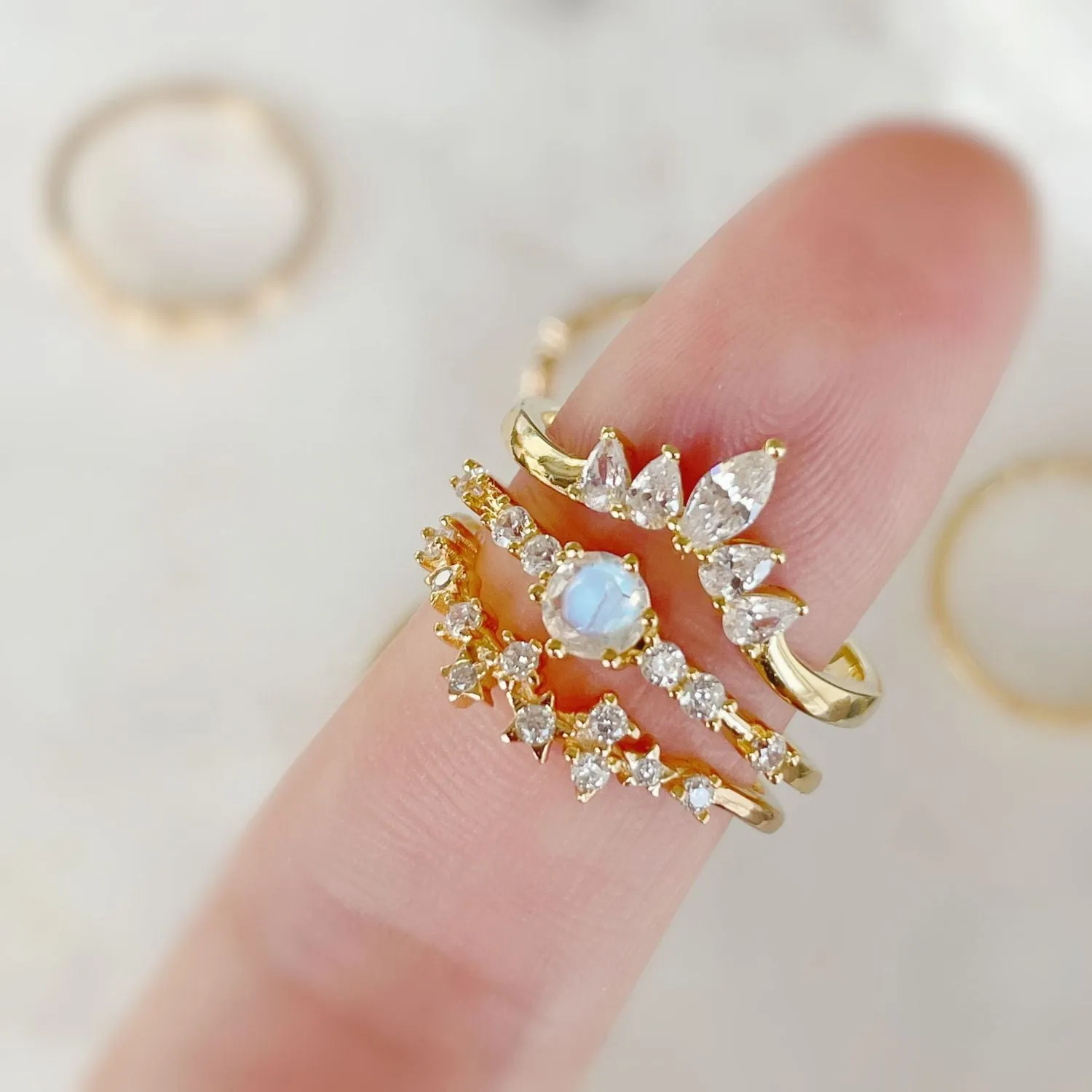 The Center of the Universe Moonstone Ring & Supreme White Topaz Ring Set (Yellow Gold)