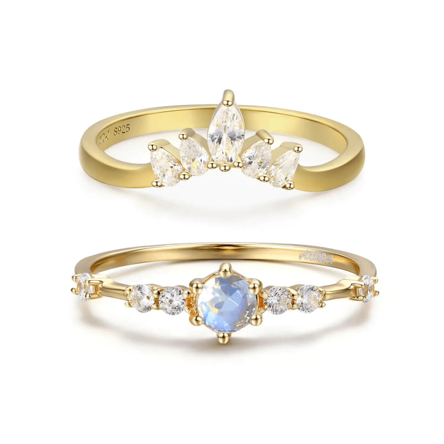 The Center of the Universe Moonstone Ring & Supreme White Topaz Ring Set (Yellow Gold)