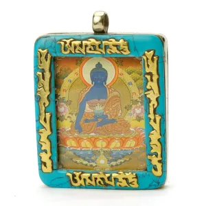 Tibetan Deity Medicine Buddha Pendant Blue Howlite Border with Ohm Mani Padme Ohm Verse # 43 - 2