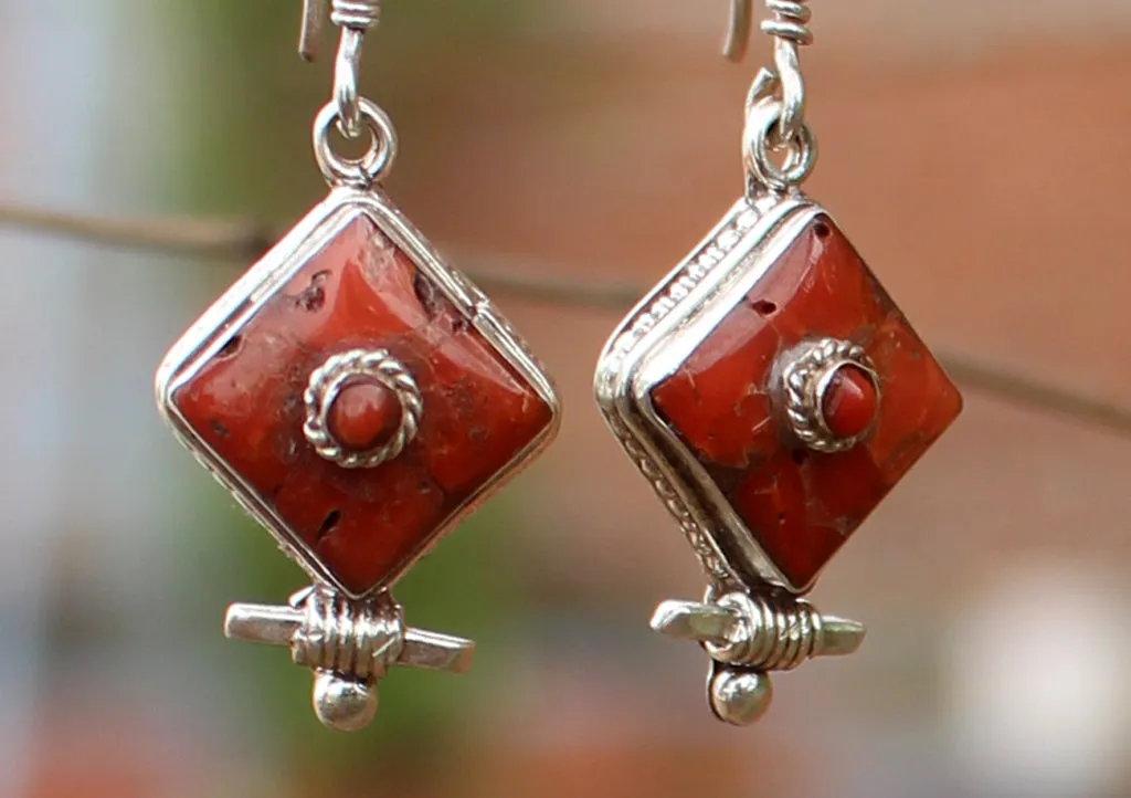 Traditional Tibetan Coral Inlaid Silver Earrings