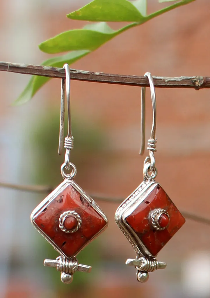 Traditional Tibetan Coral Inlaid Silver Earrings