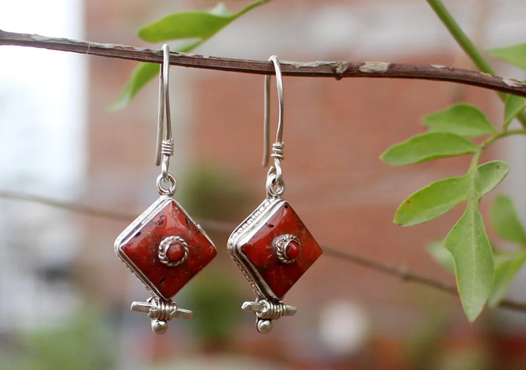 Traditional Tibetan Coral Inlaid Silver Earrings