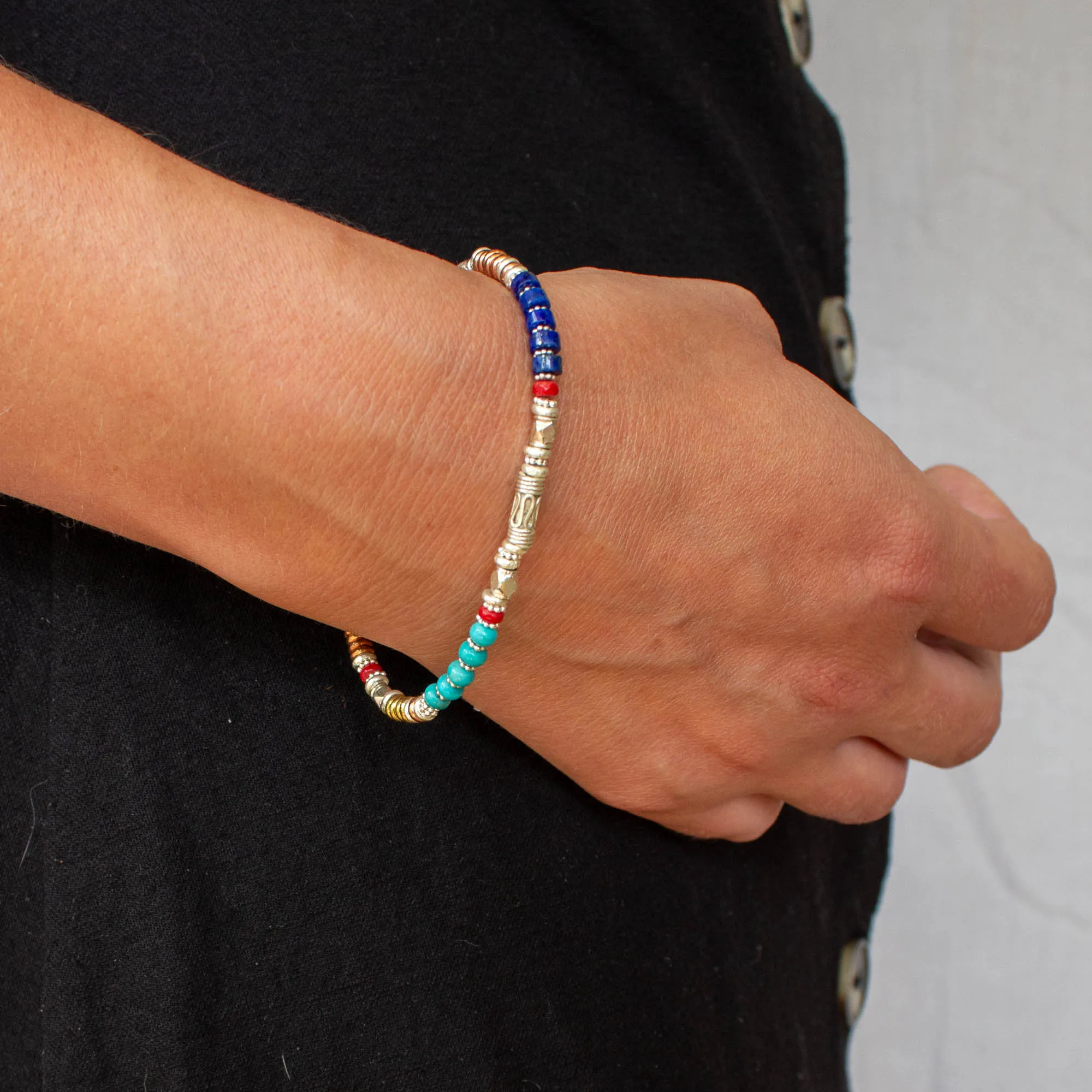 Turquoise, Lapis Lazuli and Coral Mixed Metals Bracelet