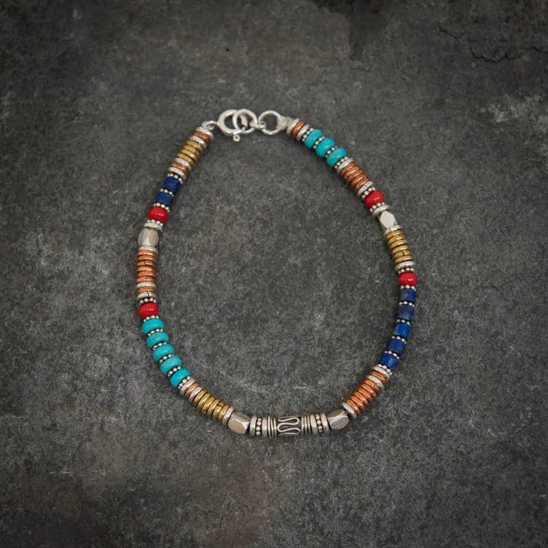 Turquoise, Lapis Lazuli and Coral Mixed Metals Bracelet