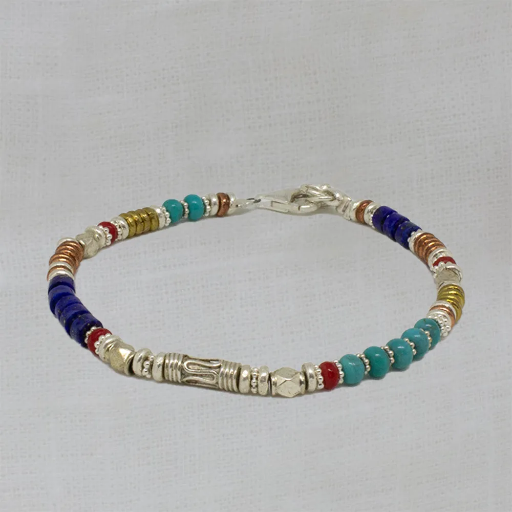 Turquoise, Lapis Lazuli and Coral Mixed Metals Bracelet