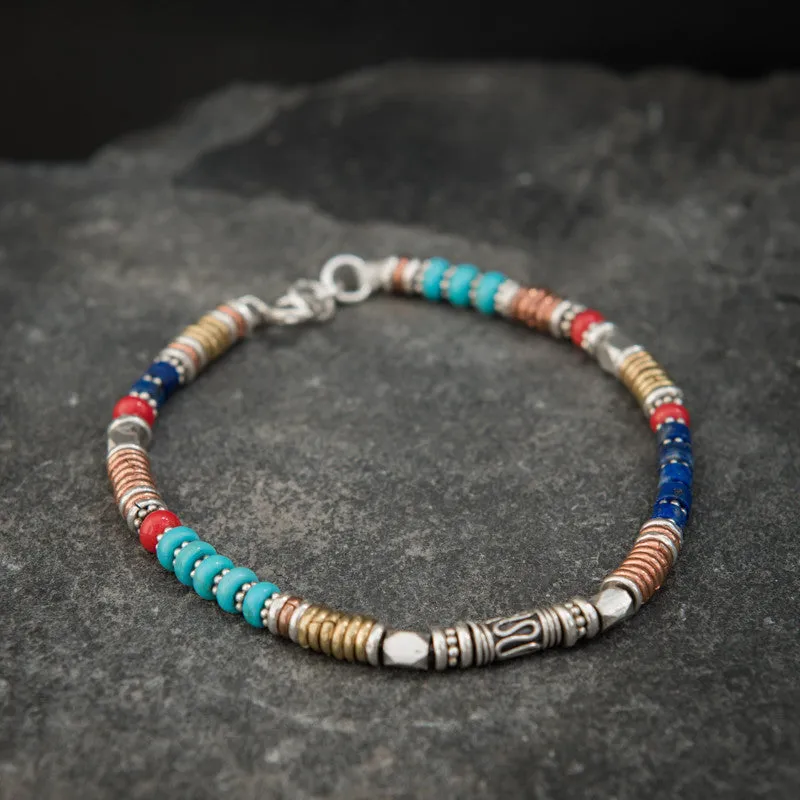 Turquoise, Lapis Lazuli and Coral Mixed Metals Bracelet