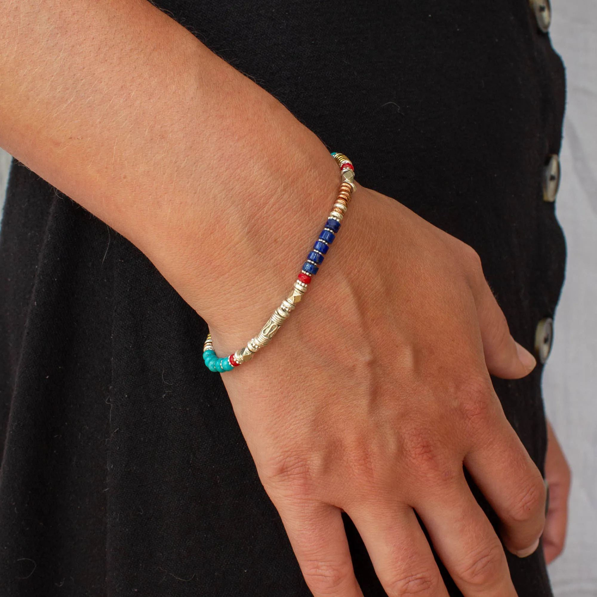 Turquoise, Lapis Lazuli and Coral Mixed Metals Bracelet