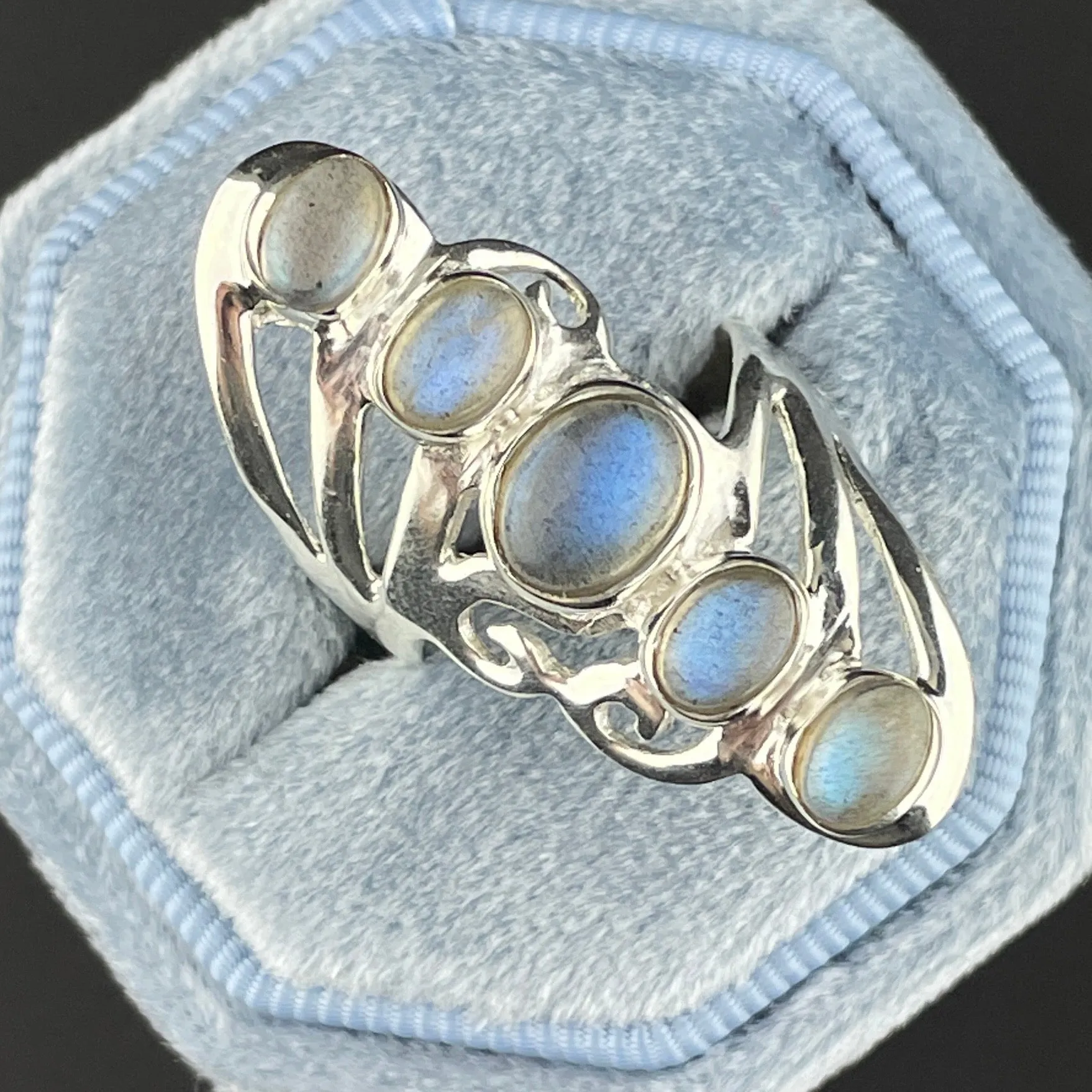 Vintage Blue Moonstone Silver Five Stone Statement Ring, Sz 7