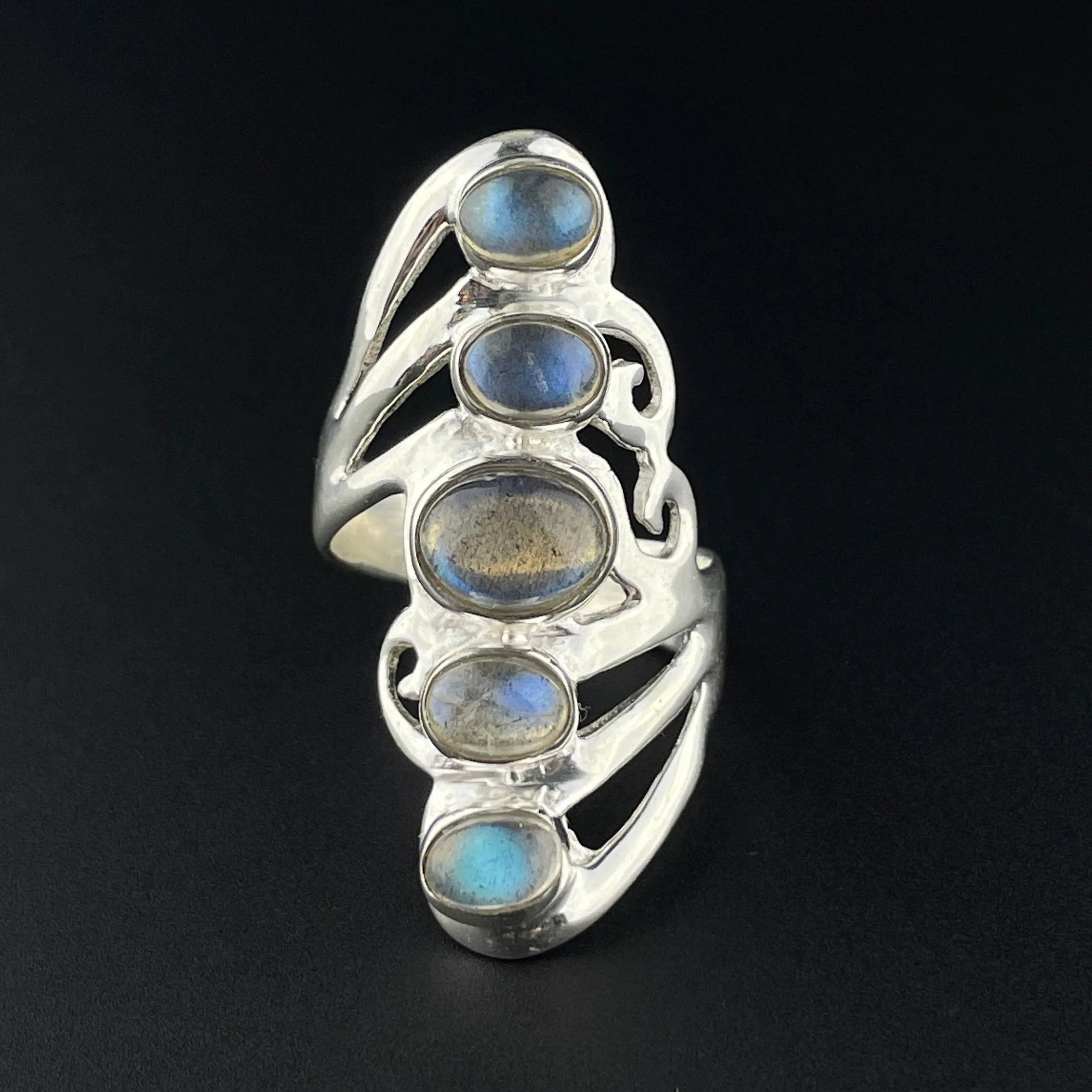 Vintage Blue Moonstone Silver Five Stone Statement Ring, Sz 7