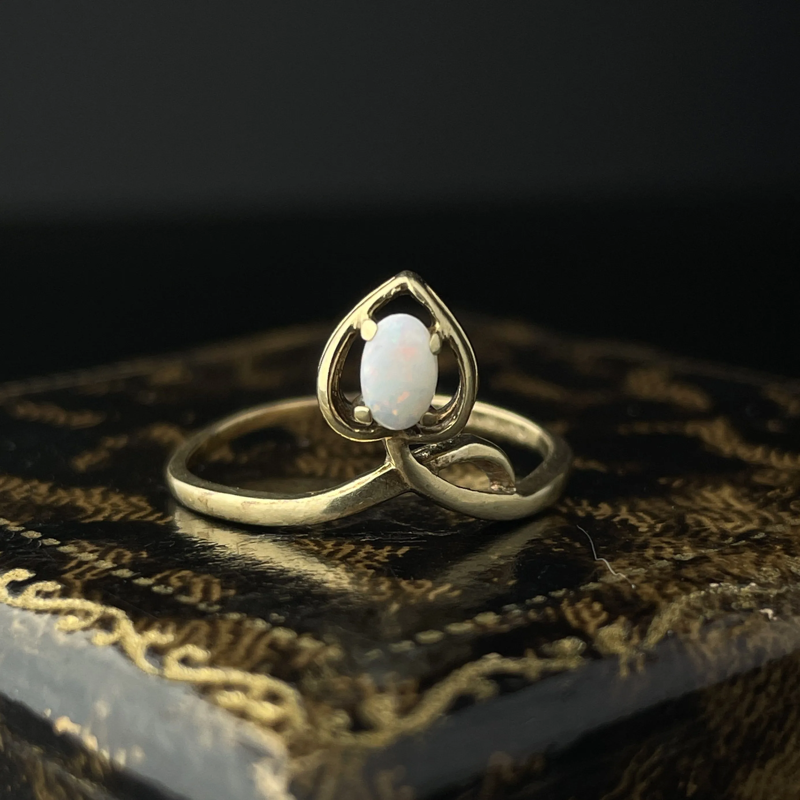 Vintage Gold Heart Crown Style Mounted Opal Ring, Sz 6 1/2