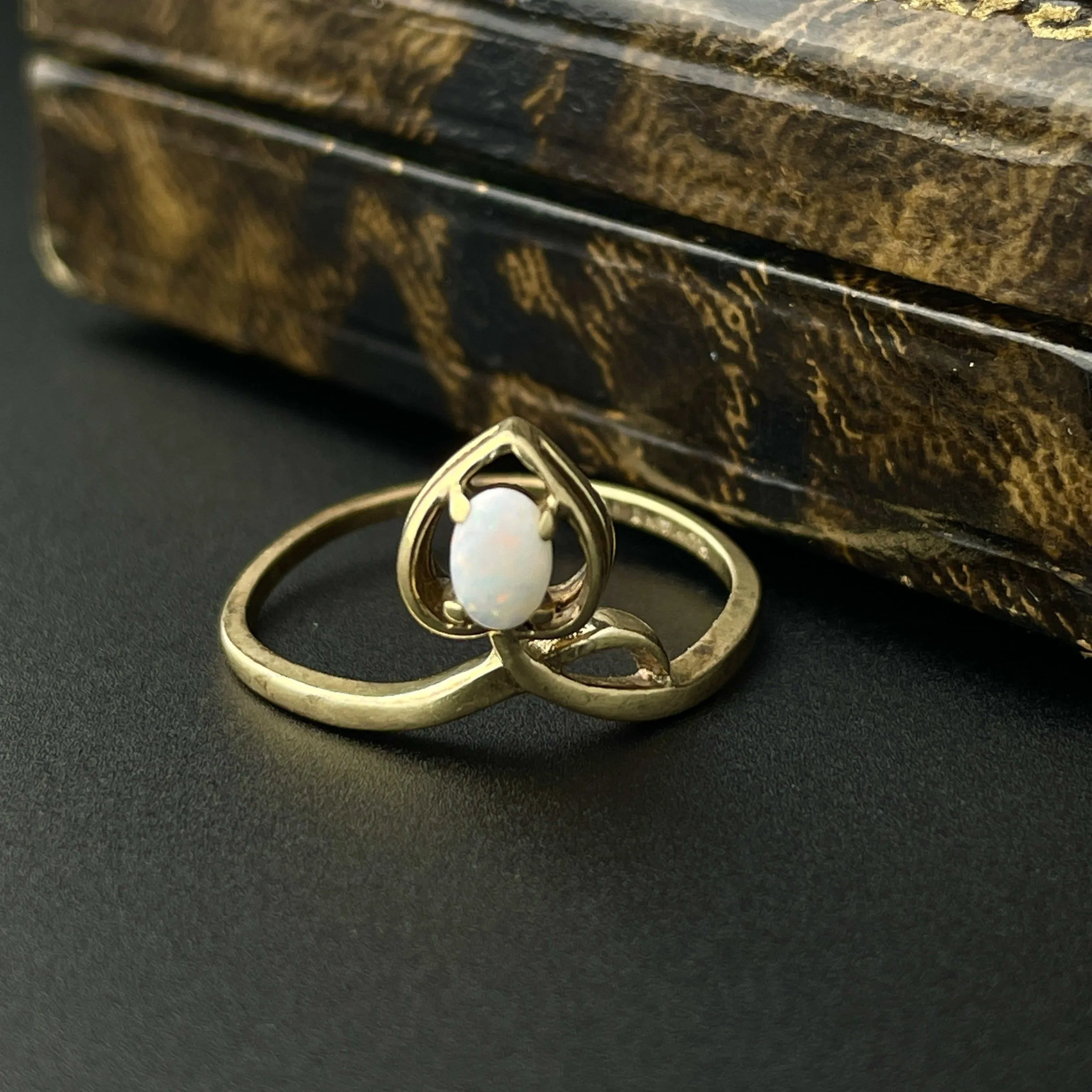 Vintage Gold Heart Crown Style Mounted Opal Ring, Sz 6 1/2