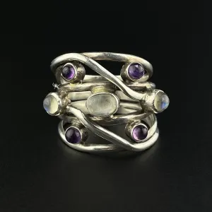 Vintage Sterling Silver Amethyst Moonstone Wrap Ring, Sz 8