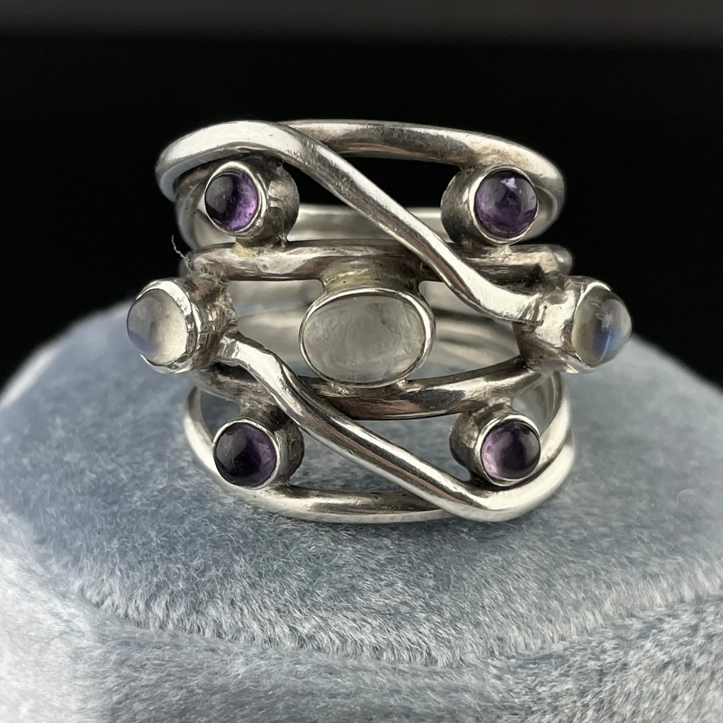 Vintage Sterling Silver Amethyst Moonstone Wrap Ring, Sz 8