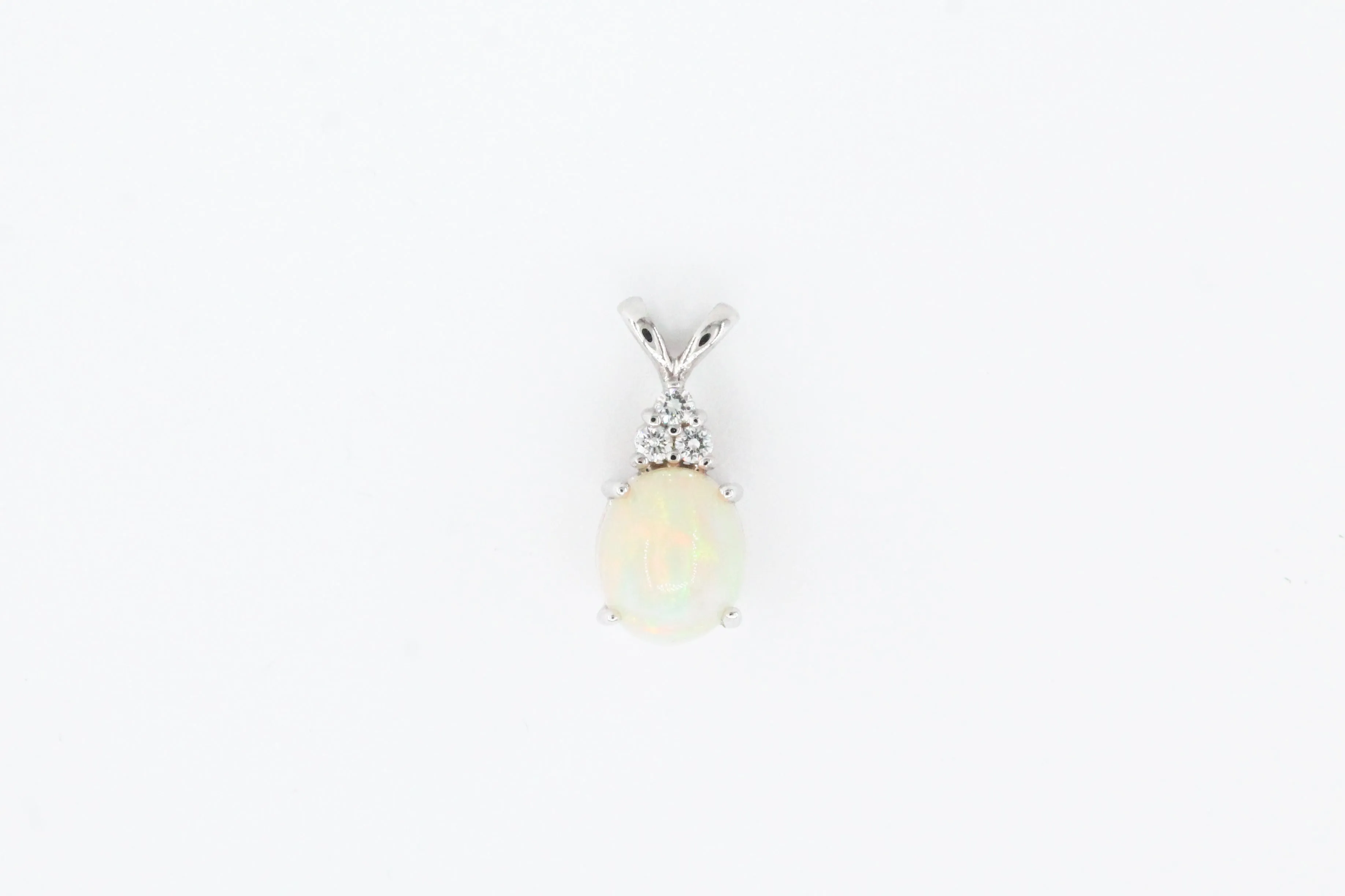 White Gold Oval Opal and Diamond Pendant