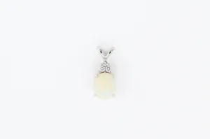 White Gold Oval Opal and Diamond Pendant