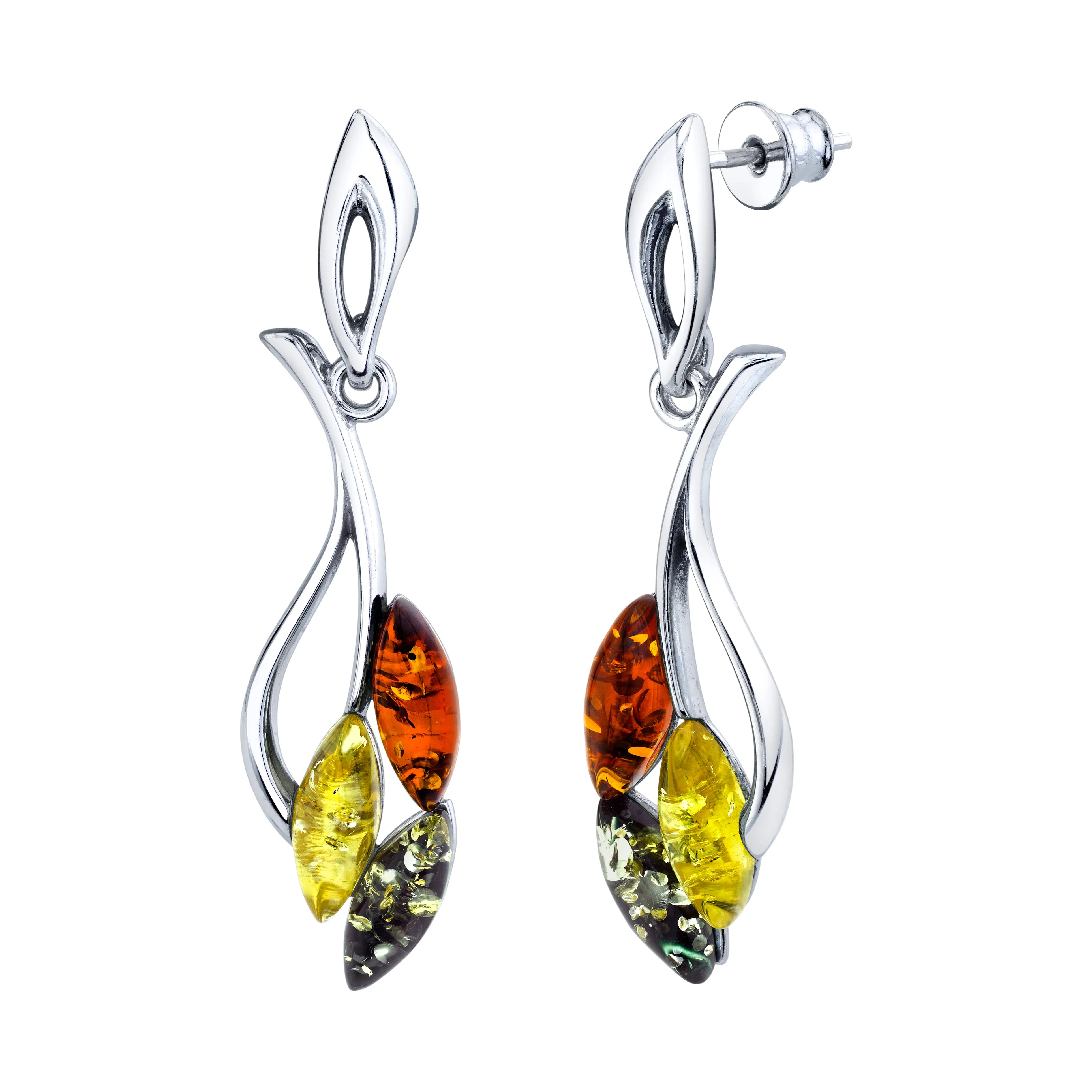 Women's Sterling Silver Earrings Baltic Amber Leaves Tree Branch